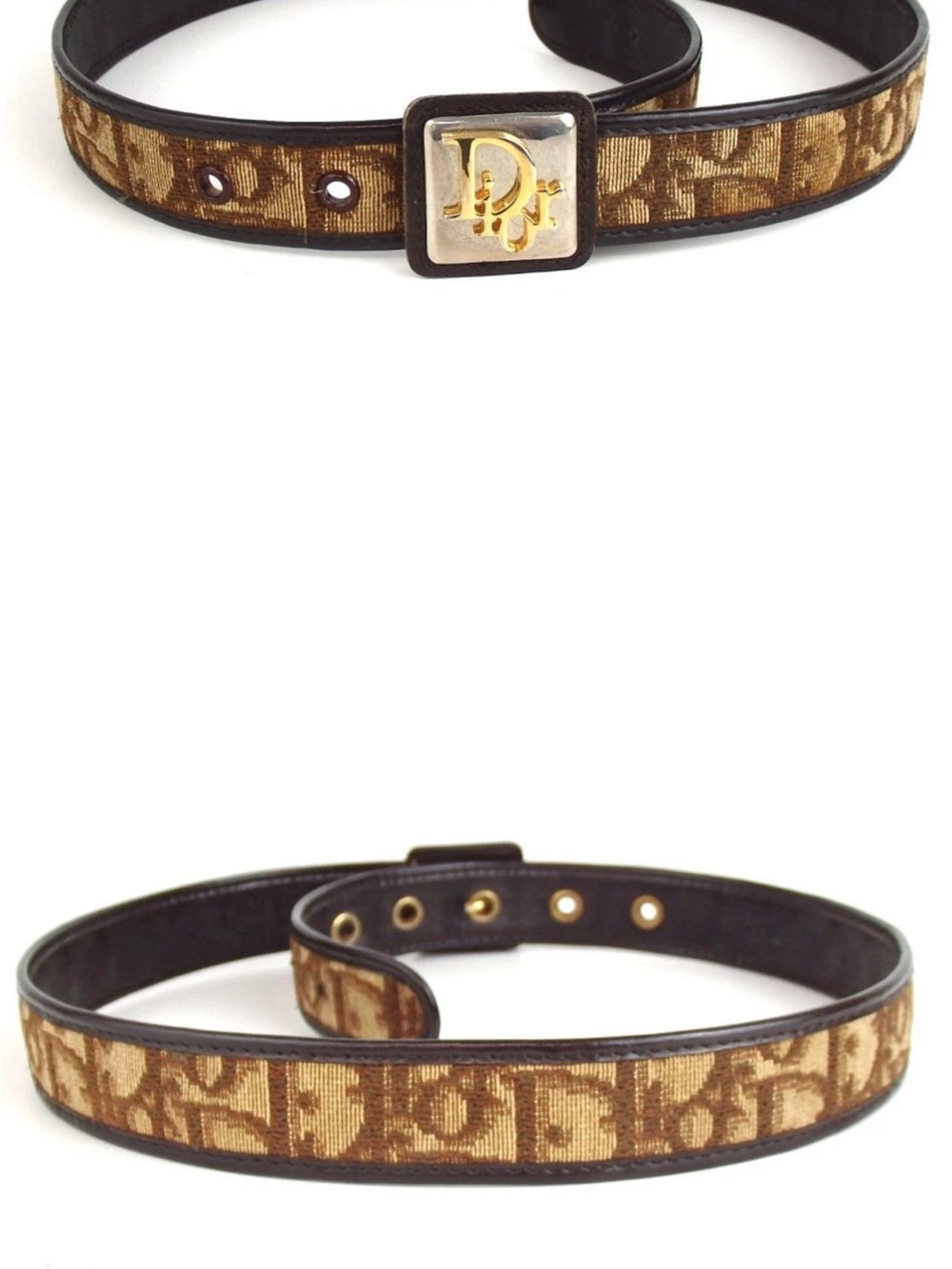 Dior Tan & Brown Monogram Slim Belt with Gold 'D' Buckle - Picture 2 of 2